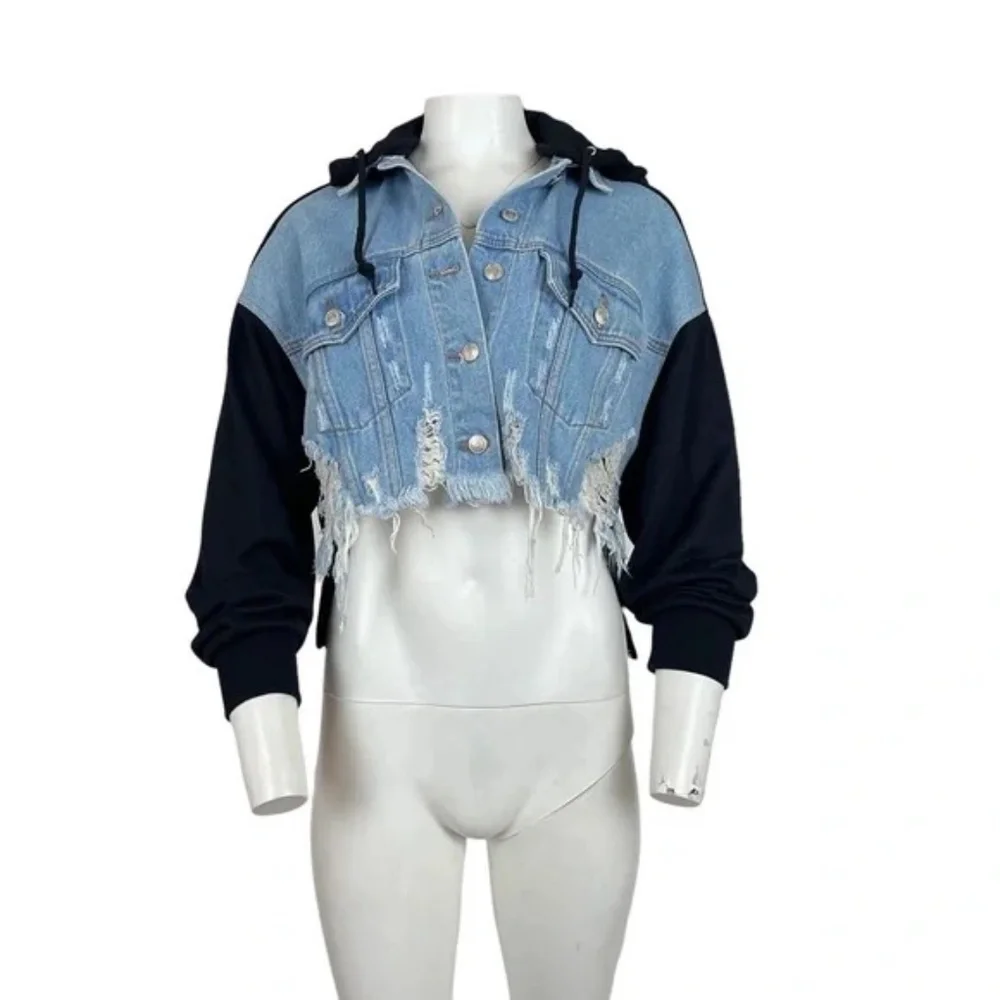 Two Tone Cropped Denim Hoodie Jacket Distressed Y2K NWT